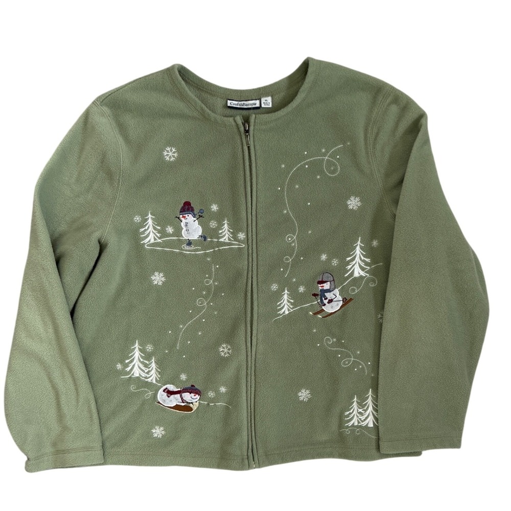 Crofts & Barrow‎ Womens Green Fleece Full Zip Embroidered Snowman Print XL
